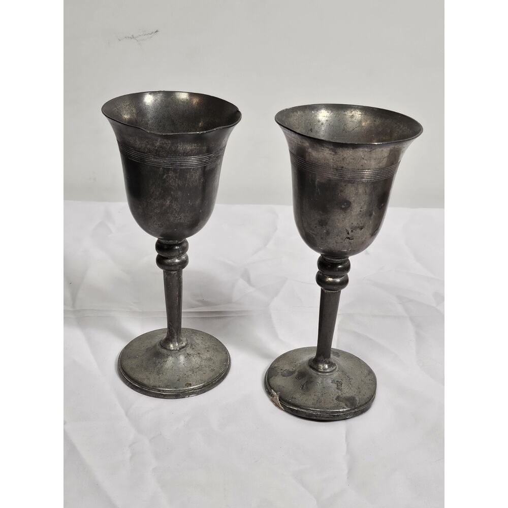 Pewter Wine Goblets Set Of 2 - Vintage Genuine Pewter 6.5" - Small Dent